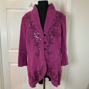 Bob Mackie Wearable Art Purple Suede Sequin Floral Embroidery Jacket Size Large